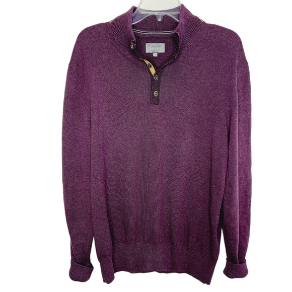 Enro Henley Sweater Cotton Cashmere blend Large Plum Faux Leather Trim Buttons - Picture 1 of 11